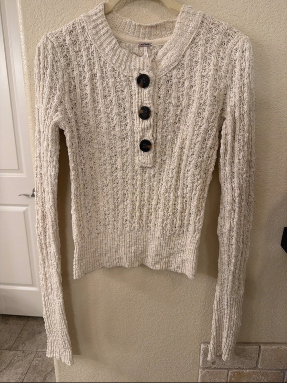 Free People Cream Cable Knit Henley Pullover